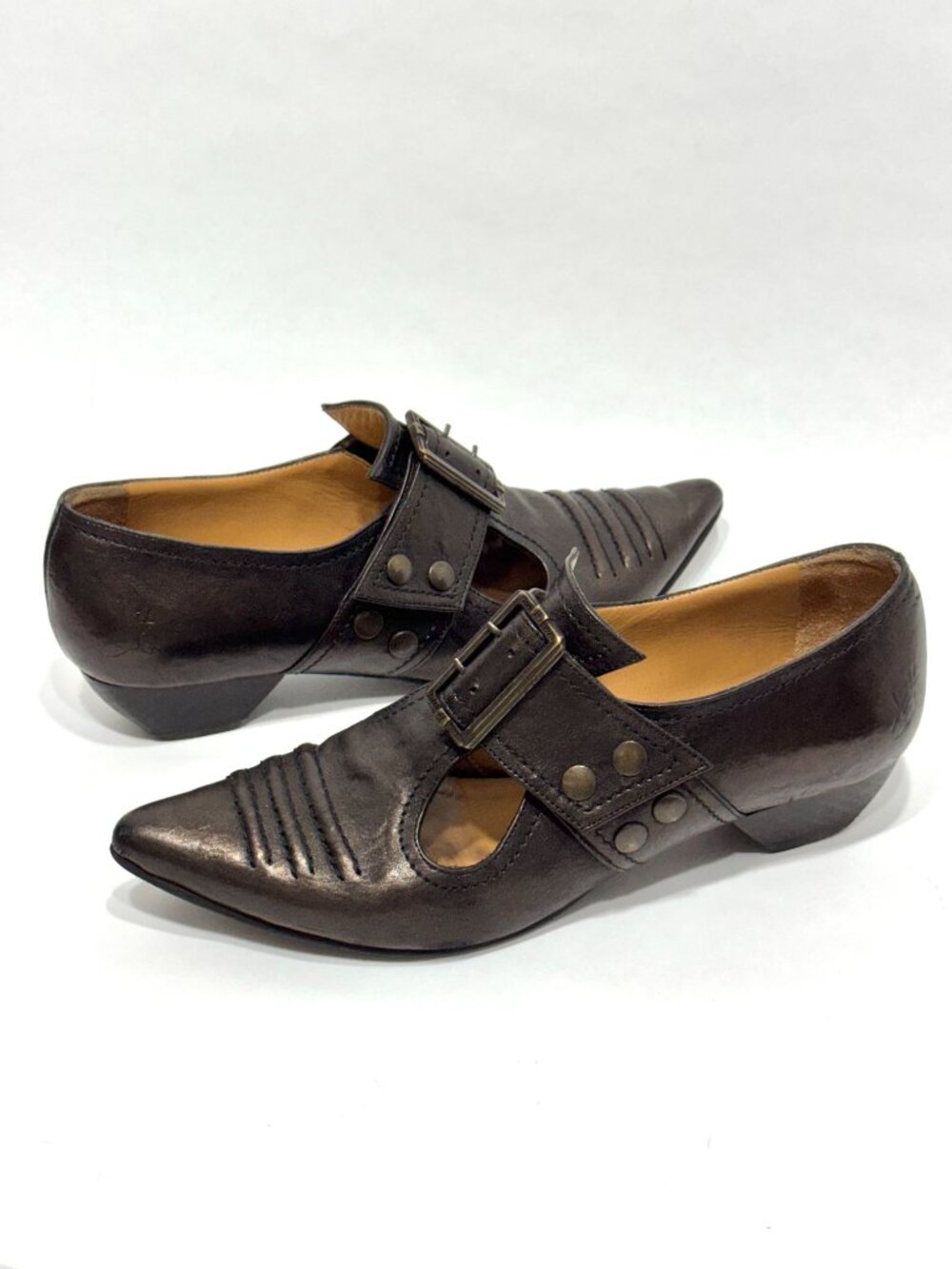 John Fluevog Pilgrim Leather Shoes Pointed Toe Buckle Low Heel Witchy Steampunk